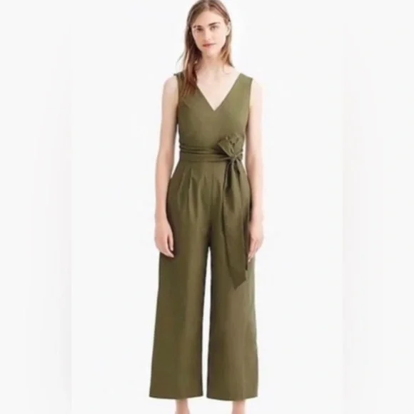J CREW Olive Green Wrap-Tie Jumpsuit Stretch Paplin Size 2 - Picture 1 of 8
